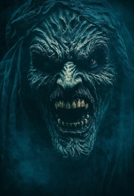 Face of a Horrible shapeshifter shrouded in flowing shadows,  
Texture, ornaments and sharp contrasts, 
dust, 
fog, 
Image of very angry face with sharp teeth, 
mysterious character, 
scary,  
dramatic atmosphere,  
Mixture of dark color palette, 
and cold colors, 
lomography, 
Swirl of colors