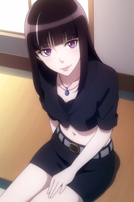 (masterpiece), high quality, highly detailed background, 1girl, solo,
<lora:DeathParadeChiyuki-v2-01:0.8>, ChopioChiyuki, black hair, blunt bangs, streaked hair, purple eyes, lips, pale skin, looking at viewer,
long hair, hime cut,
outfit_1, black jacket, short sleeves, necklace, pendant, crop top, midriff, navel, belt, miniskirt, pencil skirt, black skirt,
(contre-jour, sunset), indoors, sitting, yokozuwari, seductive smile