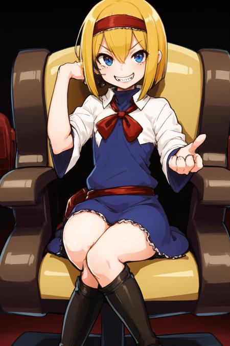 1girl,solo, <lora:ALCTIS_V10:0.95>,ALCTIS,evil grin,fang,yellow hair,short hair,Red hairband,blue eyes,sharp eyes,
sitting on the chair