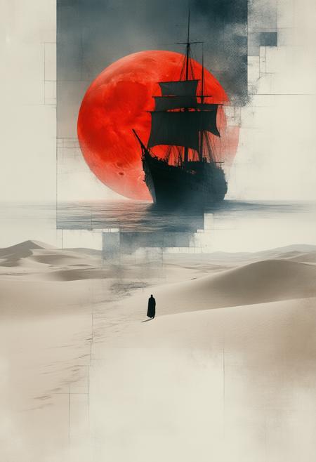 A haunting and surreal depiction of a giant ship shadow falling across a dusty white desert, illuminated by a vibrant red moon, rendered in a fractured, stained-glass Cubist style. The scene shatters into geometric shards, revealing fragmented perspectives of the colossal ship's silhouette, the rippling sands of the desert, and the stark contrast between the crimson moon and the pale landscape, all bathed in an ethereal glow. The palette utilizes deep crimson red for the moon, sandy beige and white for the desert, stark black outlining the ship's shadow, and subtle hints of electric blue to enhance the sense of otherworldly mystery. Photorealistic details of the ship's intricate design, the texture of the desert sand, and the weathered features of a lone Bedouin figure observing the scene harmonize with the fragmented composition, creating a powerfully symbolic portrait of isolation, wonder, and the passage of time. Ultra detailed, 8k resolution, volumetric lighting, octane render, emphasizing the interplay of light and shadow and evoking a feeling of profound solitude and timeless beauty.