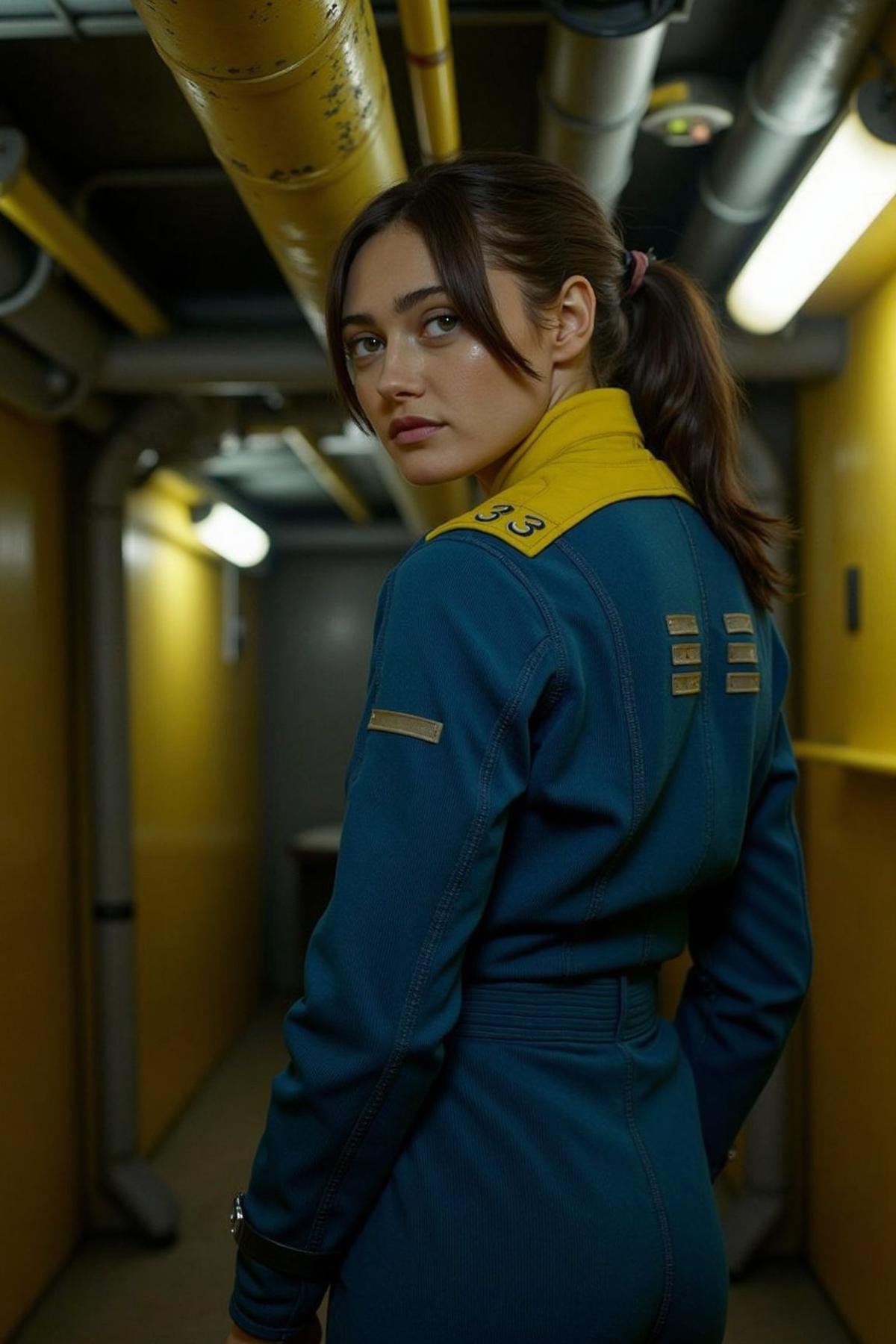 A dramatic, high-contrast portrait of a ellaPurnell standing in a dimly lit, worn, and industrial metallic tunnel, looking over her shoulder. She wears a blueand yellow Vault-Tec uniform with ribbed textures, fitting snugly with "33" on her collar. The background is cluttered with pipes, yellow structures,  of a dystopian environment. The image is a half-body shot, .