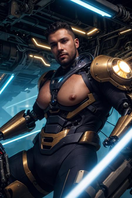 (close-up:1.3) photo of a handsome man, face portrait, human-machine fusion, movie lights, Biomechanical cyberpunk, futurist cyborg emperor, Add lightsource to front, ray tracing, epic lighting, ((mechanical wings)), mechanical parts, mechanical futuristic armor, angelic light, (beard), large pectorals, puffy nipples, futuristic factory background, (mouth open:0.5), best quality, detailed background, depth of field, intricate details, 8k, dynamic pose