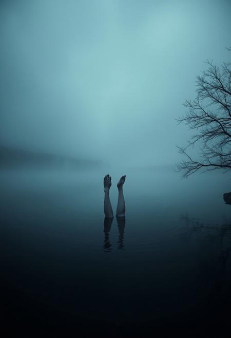[A haunting and surreal scene depicting two legs sticking straight up out of a still, dark lake. The water is shrouded in mist, creating an eerie and unsettling atmosphere. The sky is overcast and gloomy, adding to the sense of foreboding. A dark tree silhouette is visible on the right side of the frame.] [Surrealist photography, dark and moody] [Inspired by the works of Gregory Crewdson or similar photographers known for creating cinematic and unsettling scenes] [Monochromatic color palette with a focus on blues and grays. The lighting is soft and diffused, creating a sense of mystery and ambiguity. The composition is simple but striking, drawing the viewer's attention to the legs and the surrounding environment. The overall mood is unsettling and mysterious, leaving the viewer to wonder what happened to the rest of the person.]