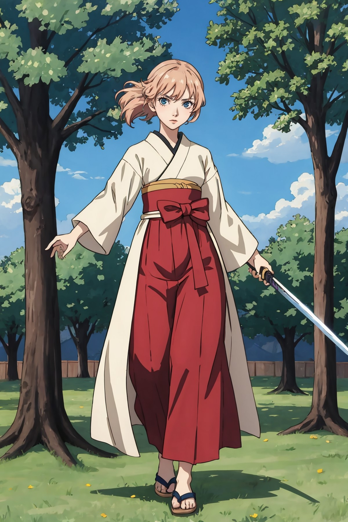 (best quality, masterpiece), 1girl,  samurai, full body,  furrowed brow, anime screencap, looking at viewer,  anime, 2d, o...