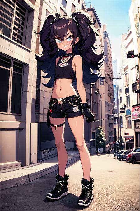 1girl,flat chest,small breasts,dark skin,(big hair:1.1),full body,q3dstyle,punk,stud, earrings,emotional punk,tank top,shorts,gloves,street,buildings,fisheye,standing,smirk,
,ctstyle,
 <lyco:MushroomStyle_v1:1>