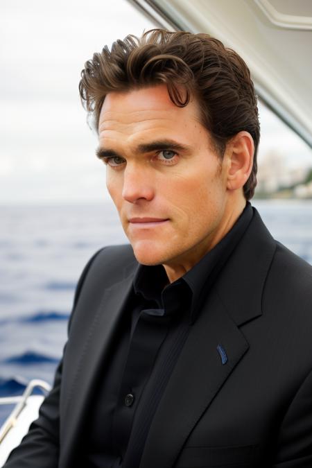 raw photo of a handsome man, in a stunning black suit, looking straight at the camera, on a yacht on the ocean, extreme close up, 8k uhd