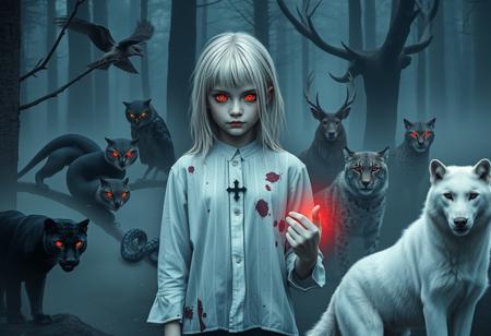 In a mist-filled forest, a pale girl with silver-white hair stands hauntingly still. Her white blouse, splattered with dark red stains, contrasts starkly with her ghostly skin. A simple black five-pointed star is visible on her chest, adding an unsettling graphic element. Her eyes glow with an intense crimson light, piercing through the dimness.
Around her, twelve wild animals create a tense, surreal circle. A black panther crouches nearby, its fur blending with the darkness, while its eyes reflect an eerie red. Two owls perched on branches survey the scene with glowing red eyes. A large snake, with blue-black iridescent scales, coils around a tree branch, its gaze menacing.
In the background, a majestic stag stands with antlers silhouetted against the fog. Two lynxes, their fur patterned with shadows, move quietly, and a white wolf stands in the foreground, its eyes mirroring the girl’s glow.
The girl holds a worn pinkyellow cardboard sign reading "We Come in Peace" which contrasts sharply with the ominous atmosphere. The swampy ground is covered in mist, with refracted light casting shifting shadows, adding to the eerie, realistic quality of the scene