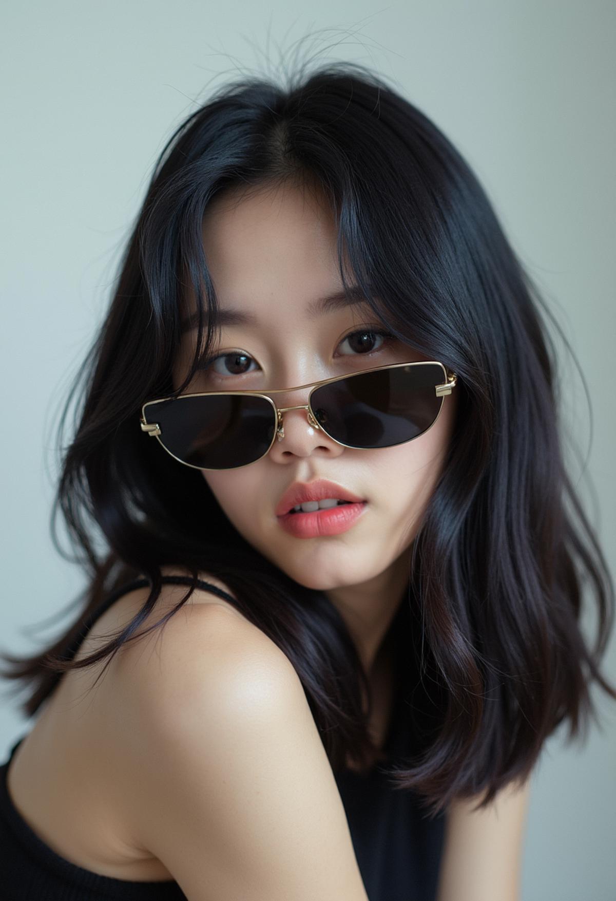 An instagram model, young Korean kpop idol, in a stylish dance pose. She has straight shoulder-length black hair with a sleek texture, parted slightly to the side. Her gaze is direct and playful, as she looks over the top of her sunglasses. 