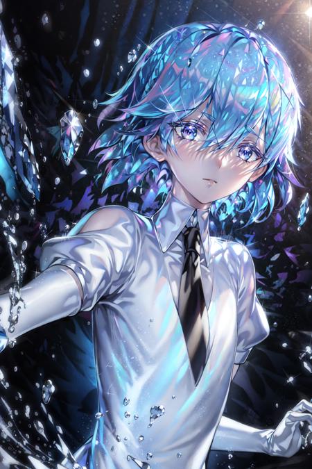 masterpiece, best quality, <lora:Bao:0.8>,  1boy, androgynous, black_necktie, blue_eyes, blue_hair, broken, colored_eyelashes, crack, eyebrows_visible_through_hair, gem, gem_uniform_\(houseki_no_kuni\), gloves, looking_at_viewer, necktie, puffy_short_sleeves, puffy_sleeves, shards, shirt, short_hair, short_sleeves, silver_hair, snow, solo, sparkle, sword, weapon