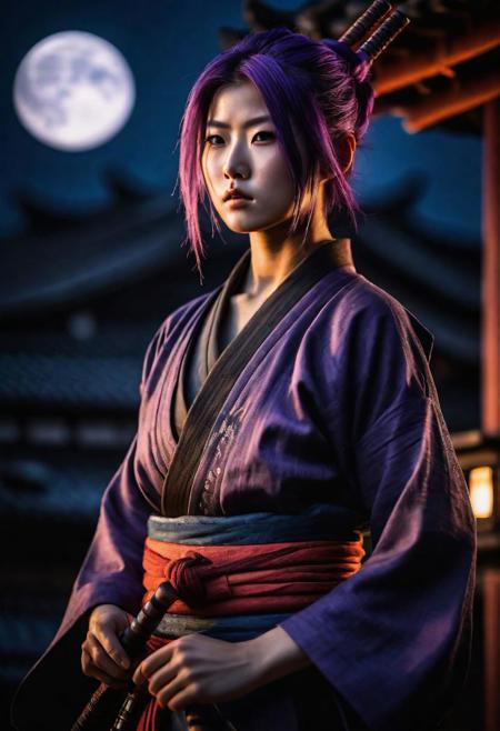 20yo Female ninja (Sekiro), purple hair, big breast, wearing sexy ninja dress, detailed eyes, on the roof of a Japanese temple, full moon at his back, (cinematic lighting:1.3), full body, Fujifilm XT3,(sharpen light:1.2),(intricate shadows:1.3),((heroic:1.6)),cinematic shot,perfect eyes, Canon RF85mm f/1.2, masterpiece ,best quality,ultra high resolution,cinematic lighting,reflections,HDR,8K resolution,