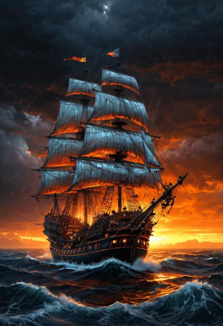 breathtakingly detailed, masterpiece, lovely, charming, awe-inspiring, radiant, magnificent. (all dark hues and orange sunsets). glossy. <lora:EpicF4nta5yXL:0.35> . award-winning, professional, highly detailed . extremely high-resolution details, photographic, realism pushed to extreme, fine texture, incredibly lifelike, high contrast, well defined, a spanish galleon sailing through a raging storm, (embedding:cs-cr1stal-v2:1.0)