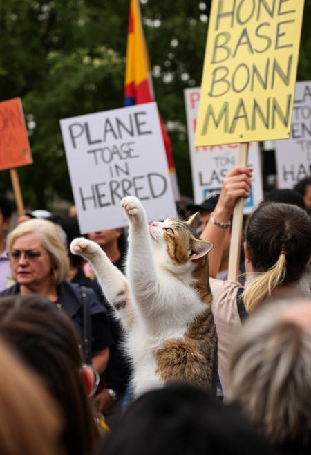 cat fighting against a crowd holding signs