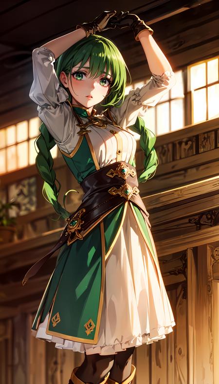 green hair twin braids long braids green eyes puffy sleeves green and white dress leather gloves