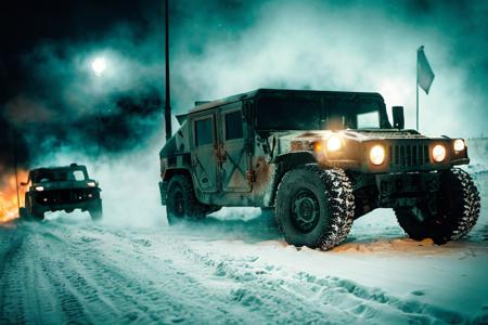 analog gloomy photo of an arctic camo HUMVEE car,  <lora:humv33:1.0>, ((zombie apocalypse:1.4)), ((surrounded by zombies:1.3)), (living dead), ((winter)), ((snow)), (horror movie), ((nighttime)), driving through a decayed city, ruins, dilapidated buildings, ((green fumes:1.2)), High Detail, Sharp focus, (photorealism), realistic, best quality, 8k, award winning, dramatic lighting, epic, cinematic, masterpiece, rim light, ambient fog:1.2,