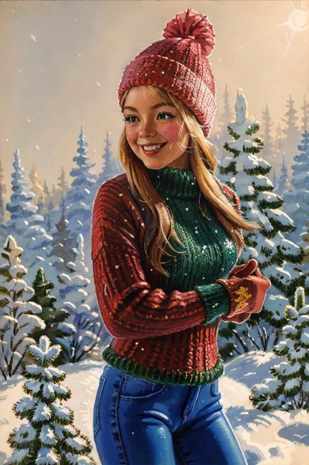 (front view:1.1), young woman, sweater, skinny, in mittens, smile, knitted hat, pine forest, sunshine, snowfall, paint by zarubin, <lora:zarubin:0.8>