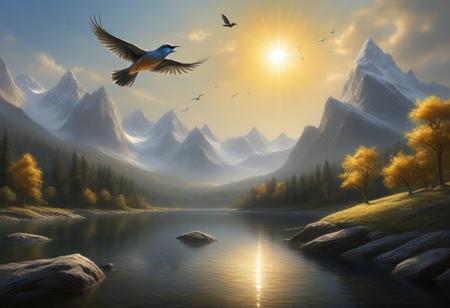 {{sunshine, lake, mountain, a bird is flying}},(best quality), masterpiece, best quality.sunshine mystic encounter  , high quality,scenery, outdoors,landscape, professional (landscape painting) of nature,Depth of Field,Photorealistic,extremely detailed,High Detail,  (ultra highres),  (hyper-detailed), (super detail:1.3), professional lighting