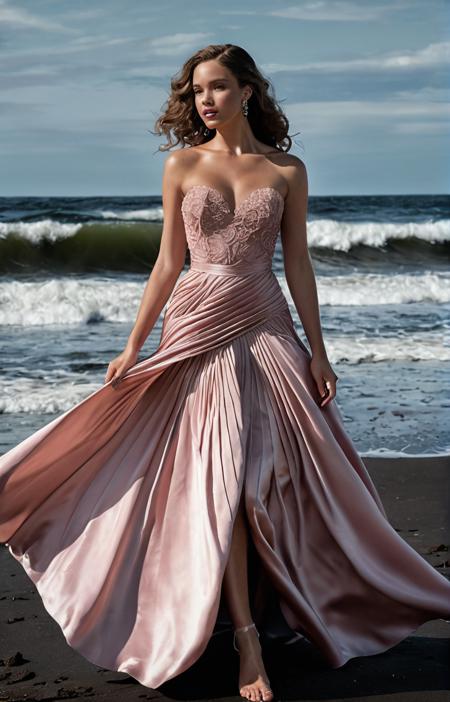 (a voluptuous girl:1.1), (intricately detailed masterpiece sharp and fine:1.1), Special Occasion Strapless bridesmaid dress in a blush pink with a pleated bodice., Black sand beaches are bordered by powerful waves, (style by Carel Willink:1.1), (Do a series of aerial silks acrobatics:1.3), ((high quality awardwinning masterwork 4k highly detailed):1.5), (Short Exposure:1.5), (Fine Grain:1.5)