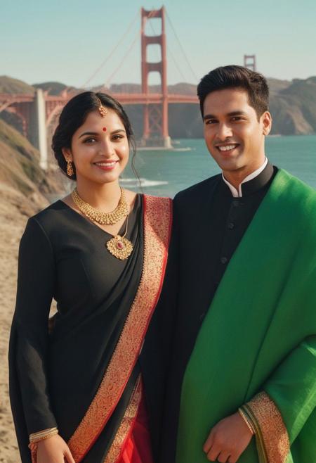 Cinematic composition. 35mm camera, Sharp image, Very detailed face.  Create a highly realistic full body portrait of a young couple, slight smile,  camera focused around 24 years old couple. The image should be detailed and lifelike, making it challenging to discern whether it's a real photograph or a digital creation. Focus on achieving realism in facial features, skin texture, and hair, and ensure the lighting contributes to the overall authentic appearance. San Francisco golden gate bridge in background on left side dominating  the photo. couples on right side. Boy in black coat. Girl in red saree. green and gold filter. Bridge on left side. Couple on right side. romatic photo