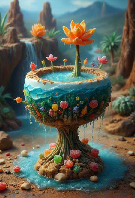 candy ,tilt-shift photo of best quality double exposure complex surreal painting on cracked paper, macro, microworld,  hyperdetailed,   insanely detailed, surreal, tiny genie spirit creature, flying oasis landscape placed inside a cup on the table in room. waterfall, lotus flowers,temple palms desert filigree, table cinematic, big eyes 32k, by Rockwell, WLOP Ryniac, Craola, Disney, van Gogh, highly detailed, intricated, intricated pose, high quality, centered, perfect composition.,
<lora:Midjourney_-_SemiReal_Dreams_FLUX_LoRA:1>,<lora:hyper-detail-illustration:1>, Selective focus, miniature effect, blurred background, highly detailed, vibrant, perspective control