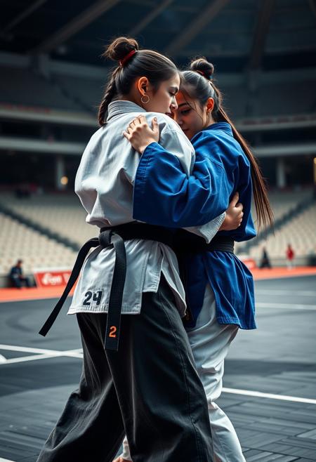 2girl, cinematic composition, A black belt in white judo and a black belt in blue judo, judo pants, judo ground, stadium, sweating,  Uki Goshi  , highly detailed, 4k resolution, ultrarealistic, real photo, detailed skin, photorealistic, high quality, sharp focus