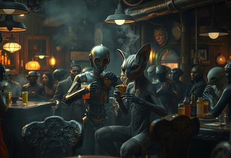 A dimly lit, gritty Star Wars-style tavern packed with various alien species. At the center, an old, matte gray humanoid robot resembling C-3PO is carefully cutting the hair of a humanoid feline alien — the alien has expressive cat-like features, fur, and is calmly eating noodles and sipping a glowing drink. The environment is full of energy: aliens dancing, smoking, drinking; lively and chaotic. The tavern features worn, carved wooden chairs and tables, a heavily rusted metallic bar stacked with colorful alien drinks, bottles, and snacks. Dust floats in the air, soft volumetric light from overhead lamps, subtle smoke and haze. DSLR quality, 50mm lens, shallow depth of field, natural light diffusion, cinematic contrast, ultra-realistic details, subtle motion blur on dancing figures.
