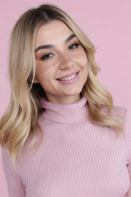 Photo of d3m1h4wk5 woman, detailed face freckless smiling, pink turtleneck blouse