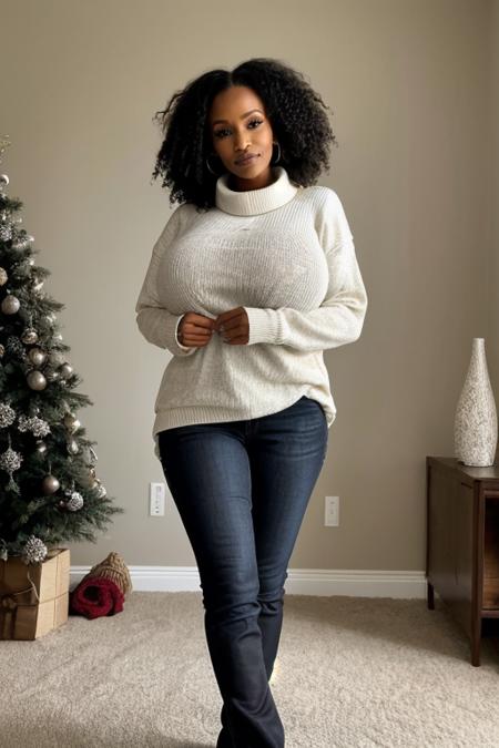 <lora:Sp1r1tu4lB1mb0_v1:0@1, 0.8@1, 1.0@0>,  photo, high resolution, high quality, (black african) with black hair Sp1r1tu4lB1mb0 woman in jeans and long winter sweater with collar covering her whole body, looking at the viewer, big breasts