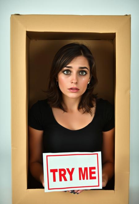 A woman is trapped in a box, showing full body in the box and  pretending to be a toy with a "TRY ME" sticker on the front of the box. The woman had no mood shows, and a teardrop came out of her right eye.