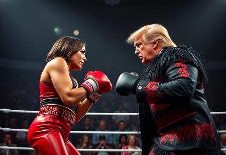 “Kamala Harris and Donald Trump facing off in a fierce, high-stakes wrestling ring showdown. The setting is dark, with dramatic spotlighting, enhancing the intensity of the arena. Kamala Harris wears sleek boxing gear with a determined expression, and Donald Trump is in his own flamboyant wrestling outfit, each prepared for a fierce brawl. The audience is on the edge of their seats, roaring with excitement, while the fighters exchange fierce glances, fists clenched and ready. The ring ropes are taut, with a slightly worn look to show signs of a long, grueling battle. Powerful, gritty atmosphere with dynamic action poses—perfect for a last-blood showdown!”