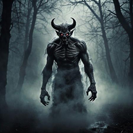 Generate a haunting and chilling scene featuring a malevolent demon emerging from the eerie mist, casting a menacing shade upon the surroundings. Convey a sense of horror through the use of dark and ominous colors, with subtle details highlighting the demon's terrifying features. Capture the essence of fear and suspense, evoking a feeling of dread as the supernatural entity unfolds its ominous presence within the misty atmosphere