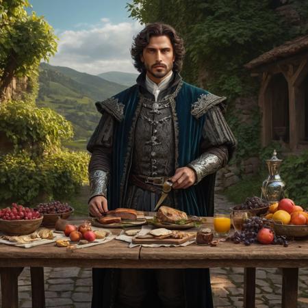 Create a medieval male character, 
standing, 
with an angular face, 
focused sharp and attractive, 
clear detailed and defined eyes and rich clean and shiny clothing, 
20K, 
3D, 
background of a country setting with an outdoor table with delicacies, 
hyper detail, 
highly detailed, 
fine detail, 
hyperrealistic, 
surrealism, 
ultra hd, 
realistic, 
vivid colors, 
perfect composition, 
beautifully detailed intricate insanely detailed octane rendering trending on artstation, 
8k art photography, 
natural volumetric cinematic, 
perfect light, 
chiaroscuro, 
award - winning photograph, 
masterpiece, 
oil on canvas, 
raphael, 
caravaggio, 
greg rutkowski, 
beeple, 
beksinski, 
giger