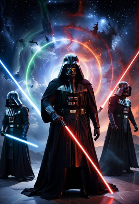 score_9, score_8_up, score_7_up, score_6_up, score_5_up, score_4_up, (absurdres, best quality, masterpiece:1.4), illustration, photorealistic, cinematic lighting, dynamic angle, perfect composition, calm yet menacing, dark robes, opposing lightsabers, starry void background, philosophical, dark side dominance, glowing aura, swirling shadows, dramatic tension, ultimate control