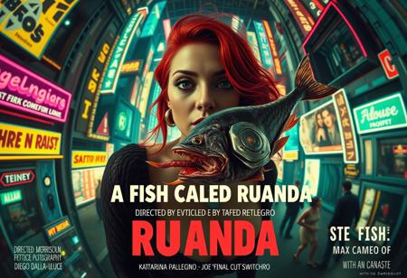 **“A captivating and surreal movie poster for A Fish Called Ruanda, a futuristic B-movie thriller with a girly, campy twist. The scene is viewed through the exaggerated distortion of a fish-eye 12mm cinema prime lens, pulling the viewer into the chaotic, neon-soaked dystopian cityscape. Front and center is the main actress, Katarina Pesceallegro, a striking redhead with a mix of glamour and danger in her expression. Floating ominously nearby is a grotesque, decaying fish, symbolizing the ‘very rotten climax.’
The poster includes bold, retro-futuristic typography for the title A Fish Called Ruanda, with the subtitle in Polish beneath it. The credits at the bottom feature:
	•	Directed by: Max Morrison
	•	Director of Photography: Diego Dalla Luce
	•	Edited by: JOE “FINAL CUT” Switcho
	•	Main Actress: Katarina Pesceallegro
	•	Co-Starring: JOE FISH
	•	With the Cameo of: STEWEN SEAGULL
The design blends neon tones, gritty textures, and campy B-movie flair, making it a trendsetting cinematic experience that teases its quirky, action-packed storyline.”**