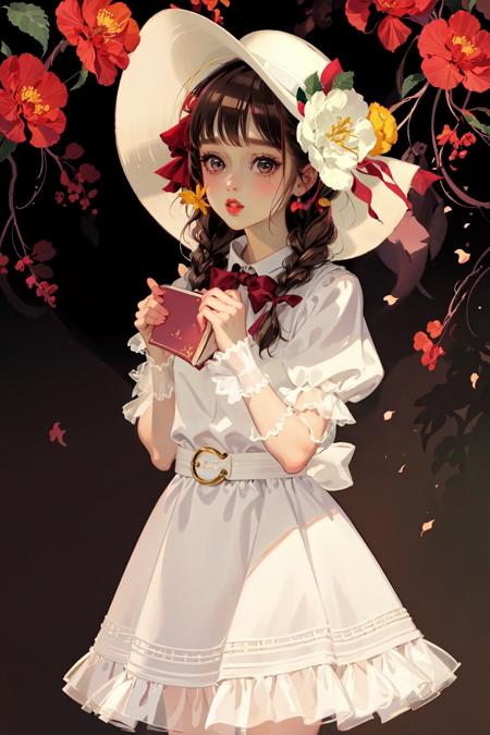 1girl, solo, long hair, looking at viewer, brown hair, hair ornament, long sleeves, hat, dress, bow, ribbon, holding, brown eyes, jewelry, braid, flower, parted lips, puffy sleeves, hair flower, red bow, twin braids, bracelet, book, leaf, white headwear, red dress, juliet sleeves, pink flower, holding book, sun hat, hat flower,
 <lora:matsuo:1>