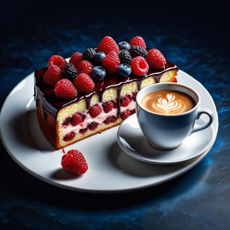 Ultra realistic full body color pencil drawn still life portrait of a delicious piece of raspberry cake served along with a cappuccino.
BREAK
Deep dark intense midnight blue hazy background,
Dark theme, dynamic lighting, (soft shadows), (soft focus),  (photo realistic), uhd, 8k