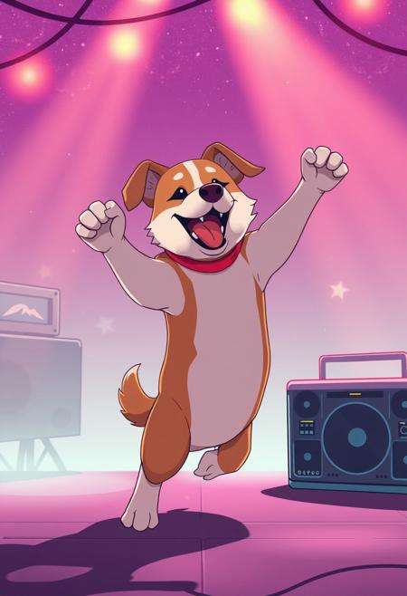 anime style, a dog break dancing with a boom box,