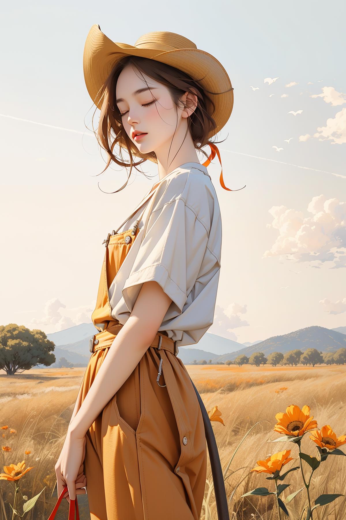 A woman in a field with a ponytail, wearing an orange dress and white shirt.