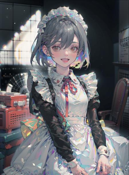 <lora:ATNR STYLE:1>,
 masterpiece,best quality,
(atnr:1.5)
(chromatic aberration:1.4) ,(realistic:1.3),lips,eyelashes, nose, 
1girl, solo, maid headdress, gloves, maid, open mouth, apron, white gloves, smile, looking at viewer, dress, short sleeves, brown eyes, :d, hair between eyes, black dress, ribbon, elbow gloves, skirt hold, white apron, blush, black ribbon, grey hair, bangs, short hair, maid apron, indoors, neck ribbon, sketch, frills