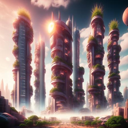 (coralcity style:1) futuristic city, tall buildings, lot of lights, plants growing <lora:djzCoralCityV21:0.8>