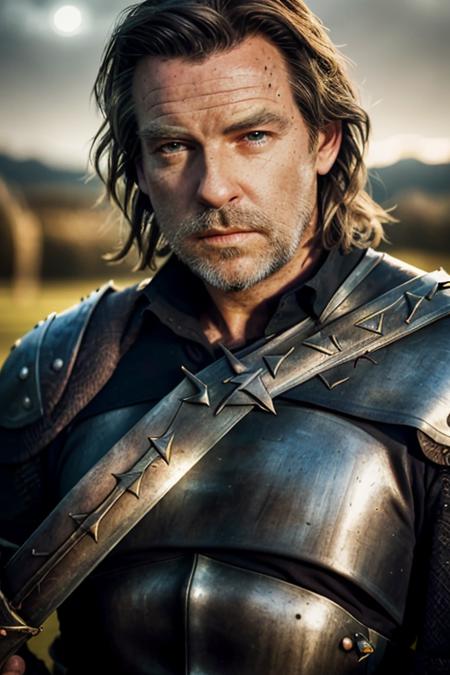 a man, <lora:p13rc3br0sn4n:1>, a medieval knight, (messy black shoulder length hair), LOTR, gothic fantasy, upper body, close up, chain mail, cinematic lighting, RAW, 8K, UHD, highly detailed face, (candid:1.1, amateur:1.1), windmill in the background, dark night, midnight