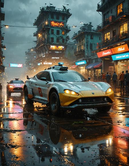 A dramatic scene unfolds as a (hovercar race:1.32) takes place in the rain. The sky is filled with (raindrops:1.15), creating a reflective sheen on the (race track:1.15). The (race cars:1.15) are sleek and futuristic, with (neon lights:1.15) illuminating the track. The (spectators:1.15) watch in awe as the cars zoom past. The artwork is inspired by (Francesco Guardi:1.4) and (Osamu Tezuka:1.4), with a (comic book style:1.15) and (vivid colors:1.15). The overall atmosphere is one of excitement and anticipation.