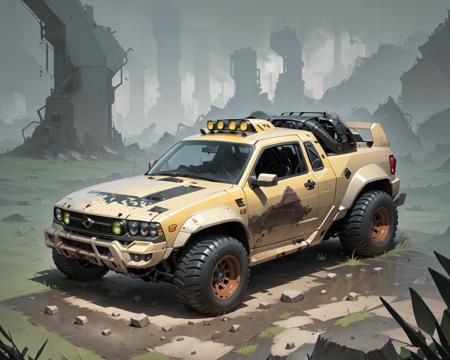 (masterpiece, best quality:1.1), ultra-detailed, (battlecar:1.1), vehicle focus, no humans, car, wheel, tire, debris, (4x4 truck:1.05), grass, rock, dirty, neon yellow paintjob