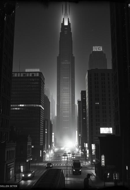 Epic lens glow lighting illuminates a grand, futuristic cityscape scene.  The black and white fine art photography emphasizes a massive scale and heroic elements, featuring high-contrast chiaroscuro lighting and a vintage wet-plate collodion texture.  The composition evokes a haunting Southern Gothic atmosphere with textured photographic imperfections and a surreal, dreamlike storytelling quality.