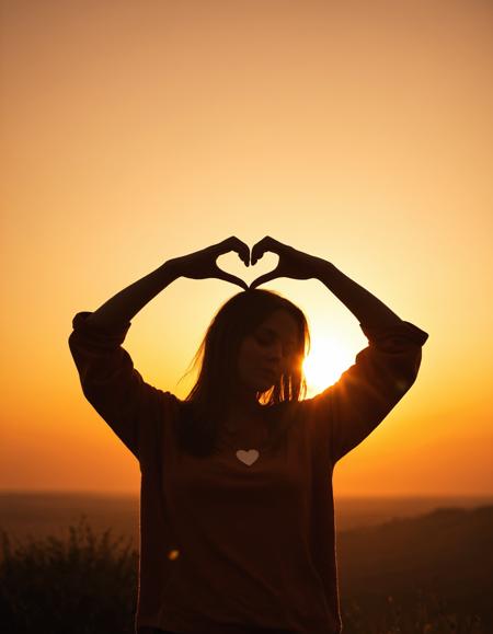 sunset, silhouette, woman, heart shape, hand gesture, warm colors, outdoor, dusk, sky, creative pose, backlit, soft focus, landscape, golden hour, tranquility, leisure activity, nature, serene, orange tones, casual attire