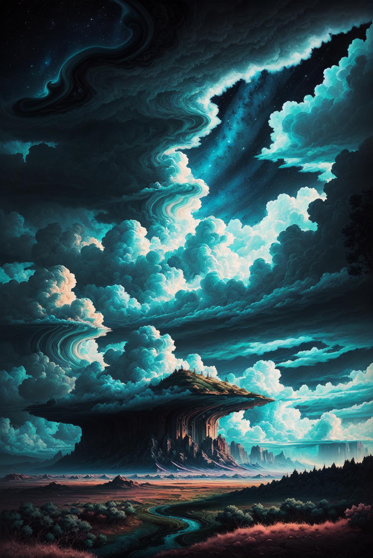 Jupiter clouds illustration by Dan Mumford, alien landscape and vegetation, epic scene, lots of swirling clouds, high expo...