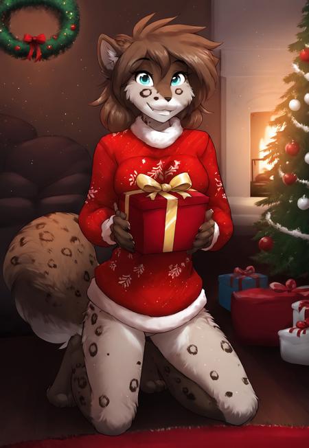 score_9, score_8_up, score_7_up, masterpiece, best quality, good quality, highly detailed, absurdres, intricate details, detailed background, indoors, living room, dim lights, xmas tree, xmas decorations, present boxes, fluffy_new_year, merry_furistmas, 1 girl, solo, anthro, kathrin-twokinds, cat tail, fur, detailed fur, body fur, fluffy, christmas sweater, holding present box, kneeling on the floor, looking at viewer, smile