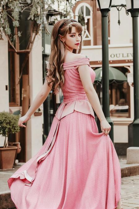 1girl, realistic, solo, (masterpiece:1.2), best quality, <lora:aurora_cos_v10-10:0.8>, aurora, pink dress, long dress , dancing,