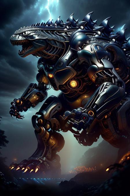 cinematic film still silverpulse, cyborg Godzilla, simple background, high quality, artistic, vibrant colors, detailed textures. futuristic sleek/glossy silver and blue glow, vibrant colors, detailed textures., Concept art, cyborg, background, vintage, modern, SilverPulse, <lora:SilverPulseMorphXL:0.8>, excellent composition, artistic, highly detail, holy, sunny, dynamic dramatic beautiful full taking . shallow depth of field, vignette, highly detailed, high budget, bokeh, cinemascope, moody, epic, gorgeous, film grain, grainy, front view,