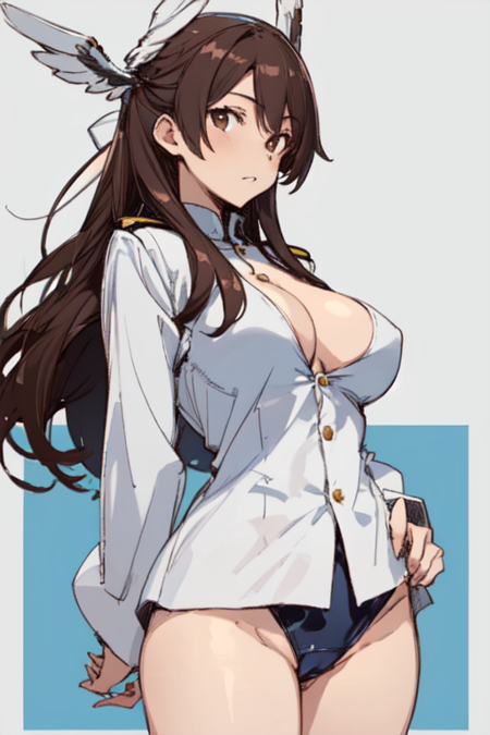 TakamiKaribuchi, 1girl, solo, long hair, brown hair, brown eyes, white military uniform, head wings, large breasts, one-piece swimsuit, swimsuit under clothes, 