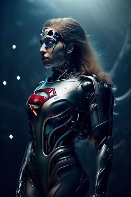 cinematic film still silverpulse, cyborg supergirl, 'S' Logo on chest, red cape, simple background, high quality, artistic, vibrant colors, detailed textures. futuristic sleek/glossy silver and blue glow, vibrant colors, detailed textures., Concept art, cyborg, background, vintage, modern, SilverPulse, superman_oc, <lora:SilverPulseMorphXL:0.8>, excellent composition, artistic, highly detail, holy, sunny, dynamic dramatic beautiful full taking . shallow depth of field, vignette, highly detailed, high budget, bokeh, cinemascope, moody, epic, gorgeous, film grain, grainy,  back view, ass,